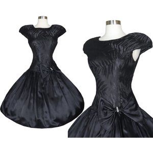 Vintage 80s Black Lace Satin Full Skirt Prom Cocktail Party Dress Bow S Small